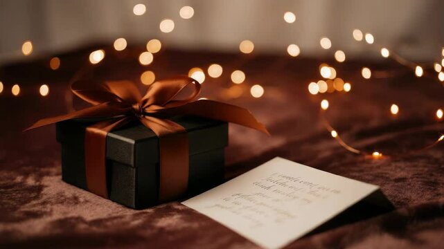 Gift box with card and string lights, creating festive atmosphere