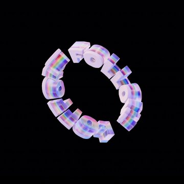 Looped 3D ring typography spelling &ldquo;FOLLOW&rdquo; in soft glossy rainbow letters.