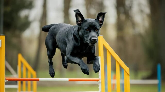 Black dog jumping over agility course hurdle in park