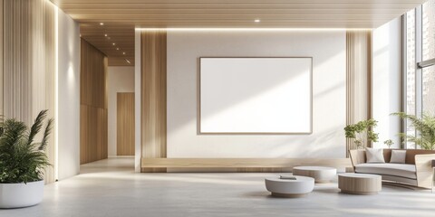  modern hotel lobby interior with a blank wall art frame mockup, featuring wood and white concrete decor