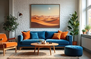 Mid-century modern living room design. Blue velvet sofa with orange pillows. Desert landscape artwork. Round wooden coffee table. Interior decor with potted plants. Cozy home furniture.