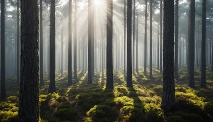 Obraz premium Misty morning sunlight filters through green forest trees, illuminating the woodland path