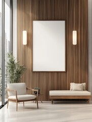  modern hotel lobby interior with a blank wall art frame mockup, featuring wood and white concrete decor
