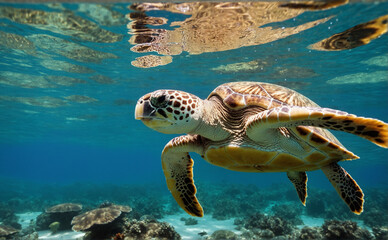 Green Sea Turtle Swimming Underwater in Ocean