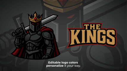 Dark Armored King Mascot Logo Vector – Crowned Black Knight with Sword for Esport Team, Fantasy Gaming Logo, Streamer Brand or Evil Royal Competitive Identity  © Giu Studios