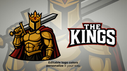 Golden King Warrior Mascot Logo Vector – Crowned Medieval Fighter with Sword for Esport Team, Gaming Logo, Streamer Brand or Royal Competitive Identity
