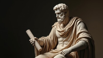 Obraz premium Detailed statue Roman senator in contemplative pose holding scroll. Intellectual political leadership ancient Roman civilization. Classical marble sculpture. Art, history, culture, architecture