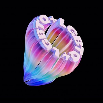 Looped 3D ring typography spelling &ldquo;LGBTQ&rdquo; in soft glossy rainbow letters.