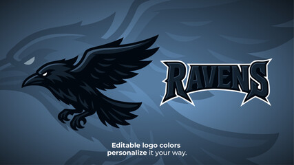 Flying Raven Mascot Logo Vector – Aggressive Bird in Attack Pose for Esport Team, Gaming Logo, Streamer Brand or Editable Sports Mascot Design Template
