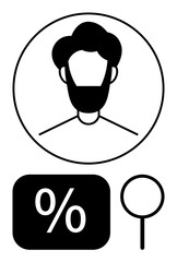 Head icon, percentage discount sign, and magnifying glass represent user profile, shopping deals, search. Ideal for user interface, e-commerce, marketing, identity finance research flat simple