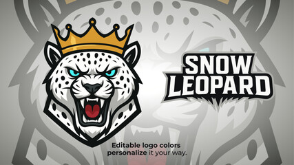 Snow Leopard King Logo – Crowned Esport Mascot Vector for Gaming Teams
