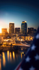 Fototapeta premium Sacramento skyline at dusk with American flag backdrop, creating a vibrant and patriotic USA cityscape collage