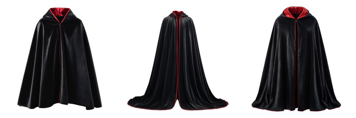Naklejka premium Elegant Black Cloak with Red Lining for Halloween Costumes Isolated on a Transparent Background