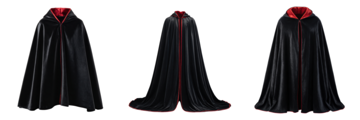 Elegant Black Cloak with Red Lining for Halloween Costumes Isolated on a Transparent Background