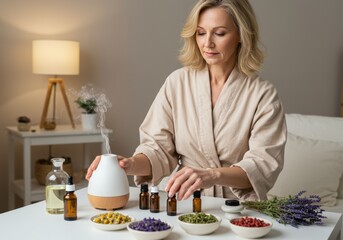 Holistic wellness ritual with essential oils and herbal remedies at home