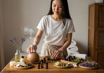 Alternative medicine still life with essential oils, healing herbs, and aromatherapy diffuser