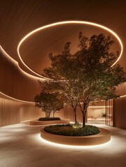  modern hotel lobby interior with a blank wall art frame mockup, featuring wood and white concrete decor