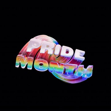 Animated 3D text "PRIDE MONTH" with flowing rainbow waves and inflated shapes.