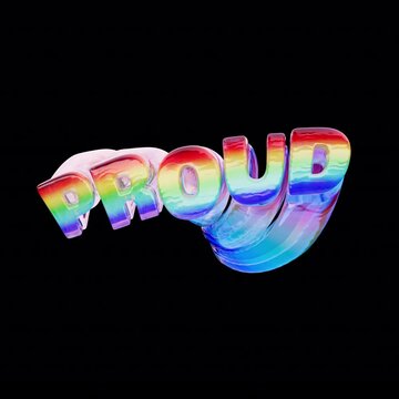 Dynamic animated 3D text &ldquo;PROUD&rdquo; with a warped rainbow effect and glossy plastic look.