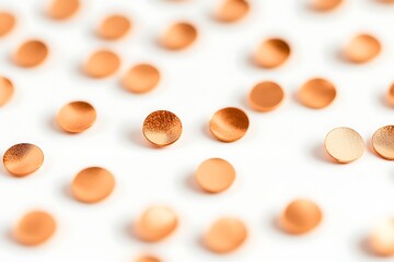 Warm copper-toned bokeh dots elegantly arranged on a solid white background.