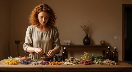 Woman preparing herbal remedies with essential oils and dried flowers for holistic healing