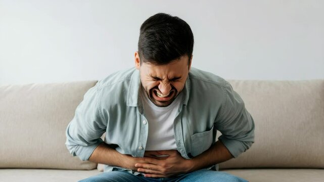 Young man with stomach pain sitting on couch, wincing