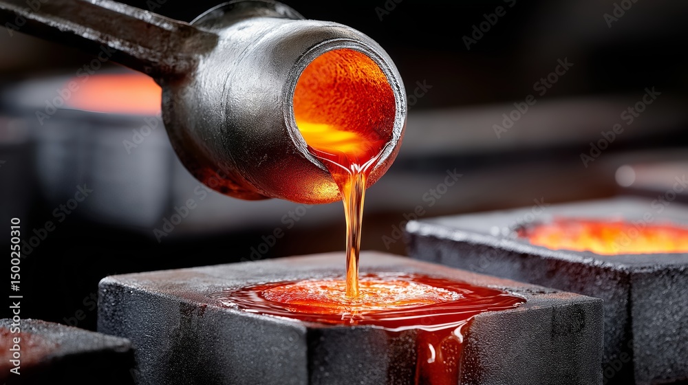 Aufkleber glowing molten metal being poured from a crucible into a mold in a foundry workshop with fiery energ