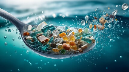 Metal spoon underwater with colorful floating microplastic particles symbolizing environmental pollution and food contamination, Generative AI