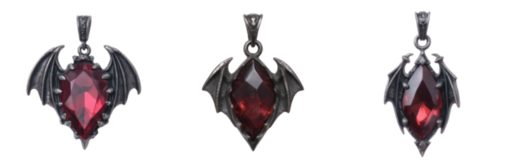 Elegant gothic jewelry pendants with red gemstones and bat wings Isolated on a Transparent Background