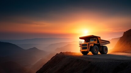 Obraz premium Large mining truck parked on mountain road at sunrise with dramatic landscape and glowing sky, Generative AI