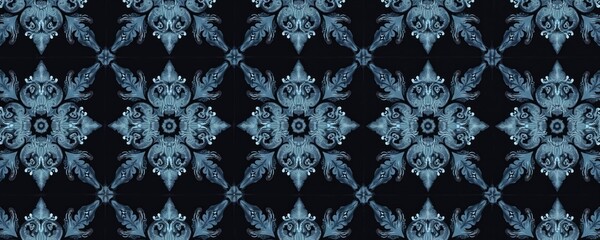 Fototapeta premium Elegant textile design floral ornament pattern repeating. Watercolor botanical elements with blue leaves, flowers on dark background. Suitable for fabric, wallpaper, card design, wrapping paper.