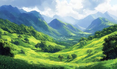 Naklejka premium Lush green mountains and rolling hills create a serene landscape. AI generated illustration.