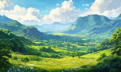 Obraz premium Lush green mountains and rolling hills create a serene landscape. AI generated illustration.