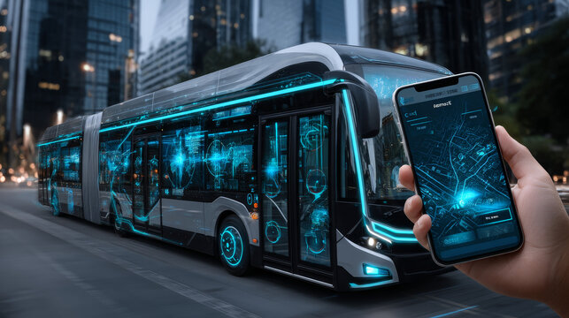 Autonomous driverless shuttle public bus. Automated self-driving vehicle system in city. Passenger holding smartphone in hand and call cab via mobile app. Phone Displays Location of Taxi on Map Roads.