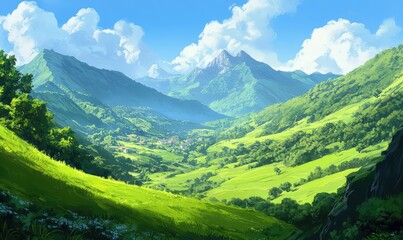 Lush green mountains and rolling hills create a serene landscape. AI generated illustration.