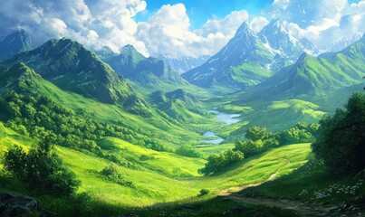 Naklejka premium Lush green mountains and rolling hills create a serene landscape. AI generated illustration.
