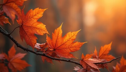 Fototapeta premium Close-up of autumn leaves on branch. Warm orange colors, blurred background. Seasonal nature art, perfect for fall designs, prints, websites. Decorative nature scene.