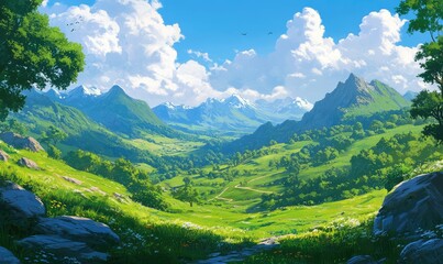 Naklejka premium Lush green mountains and rolling hills create a serene landscape. AI generated illustration.
