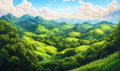 Obraz premium Lush green mountains and rolling hills create a serene landscape. AI generated illustration.