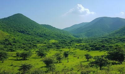 Obraz premium Lush green mountains and rolling hills create a serene landscape. AI generated illustration.
