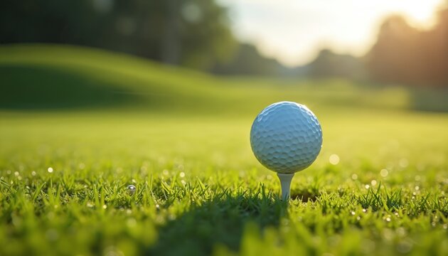 Close-up golf ball tee on rich green grass. Blurred background includes fairway, trees. Sunny day light shines on golf course, promoting game sport activities.