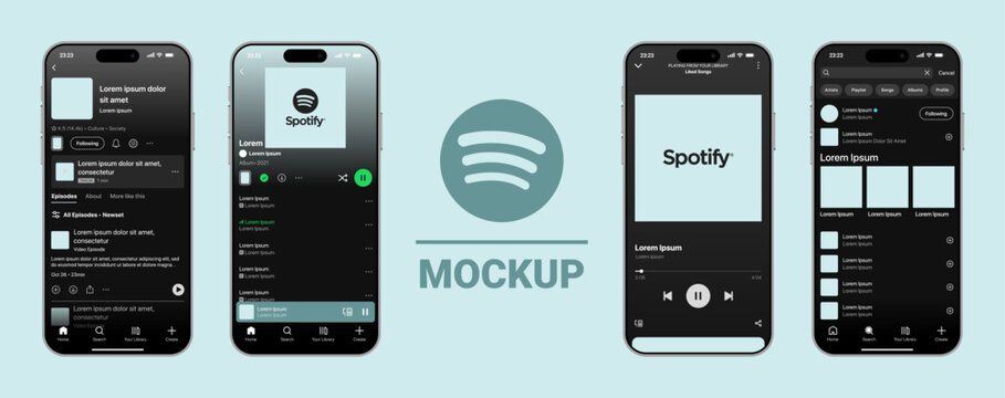Spotify music streaming UI mockup with music display theme playlist layout and playback screen design. Vector illustration for digital music platform and modern app interface.	
