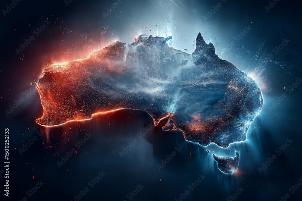 Aufkleber abstract futuristic split-color map of australia in bright red and blue with dramatic glow, generati
