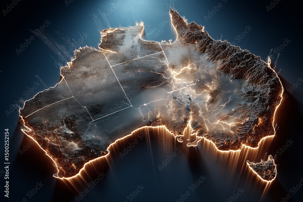 Poster 3d glowing outline map of australia with bright illuminated edges in dark futuristic environment, ge