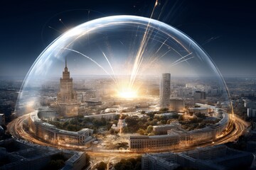 Dome Protecting City Skyline from Explosive Threat in a Technological Future, Generative AI