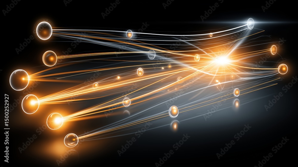 Poster Glowing quantum particles moving in high-speed trails across dark background symbolizing data transfer and futuristic energy, Generative AI