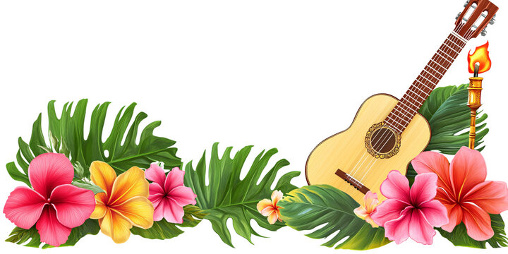Vibrant tropical floral border with ukulele and tiki torch on transparent background Exotic hibiscus flowers and monstera leaves for summer luau party decoration