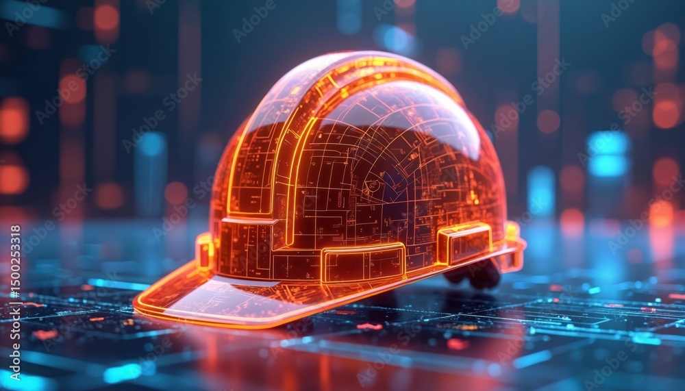 Aufkleber futuristic construction helmet on digital grid. industrial safety concept tech visual with circuit b