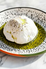 Creamy burrata close-up on a minimalist plate with a colorful edge. Drizzled with olive oil, bright summer light creates elegant, airy highlights.