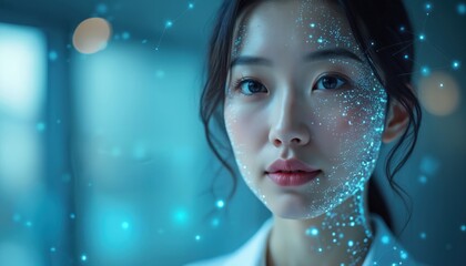 Asian woman using AI face recognition tech for cyber security. Facial scan authentication, digital data protection, biometrics, futuristic design, safety concept, identity theft prevention.